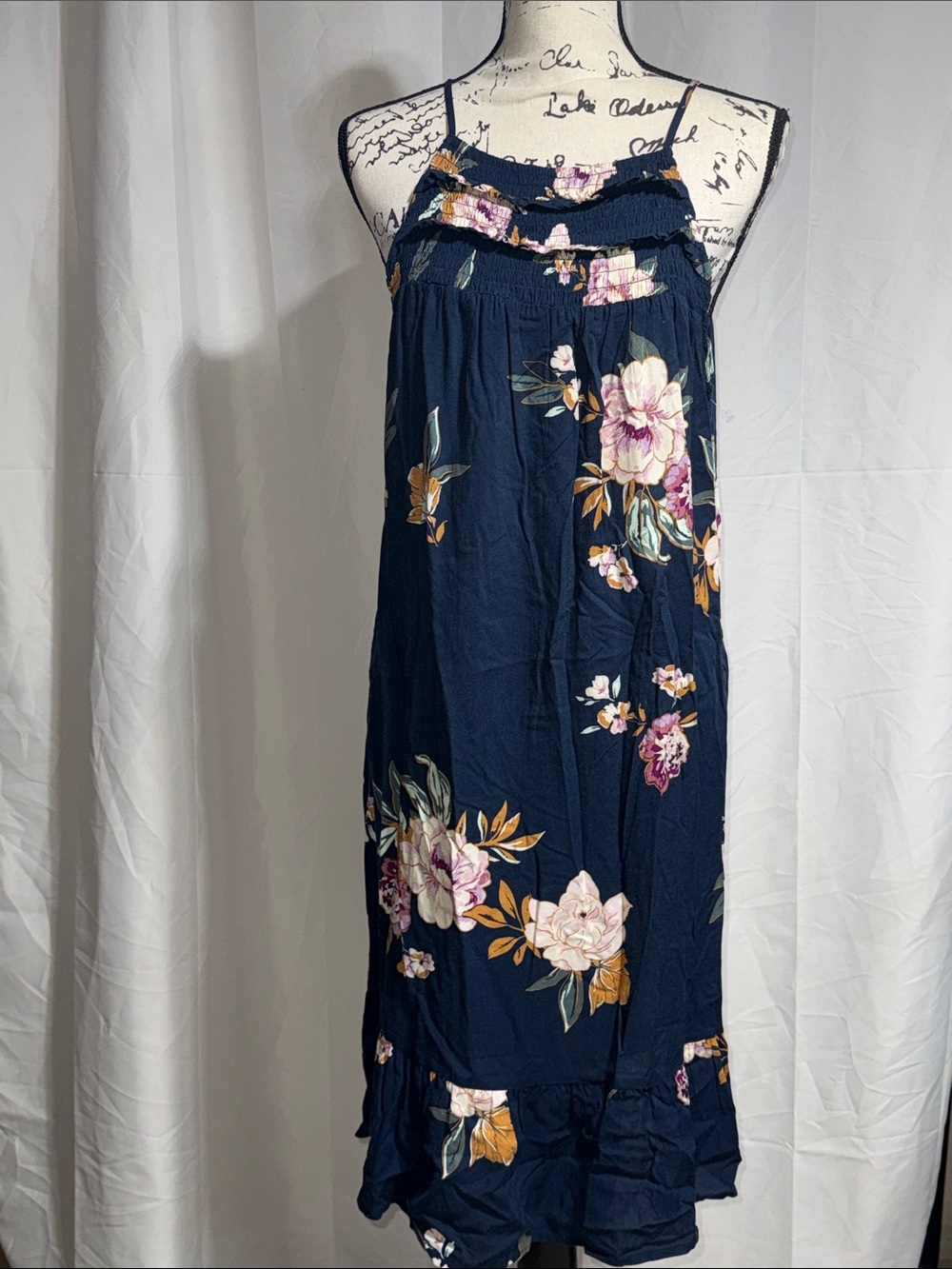 Maurices Blue Floral Slip Dress with Cream Leaves